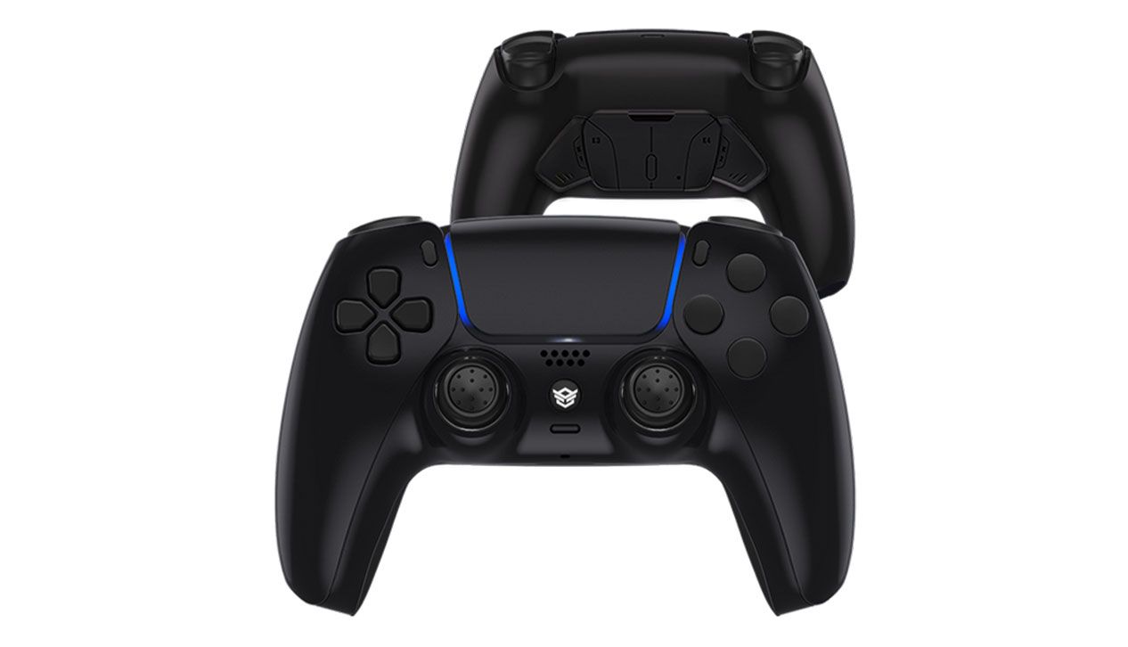  HexGaming Rival product image of a customised PS5 controller in black featuring blue lighting.