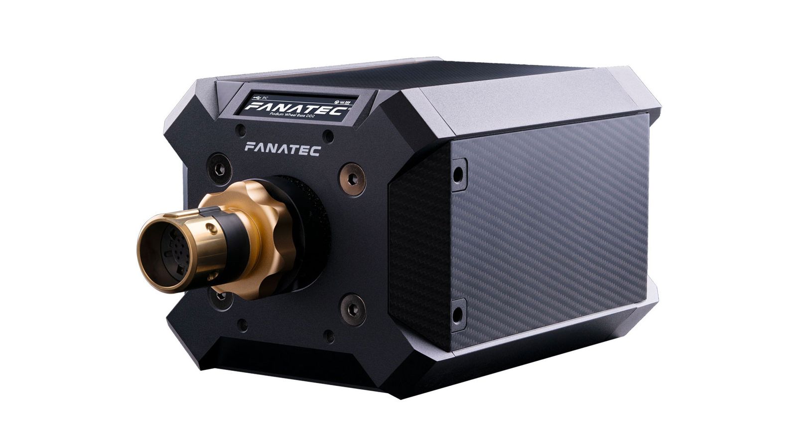 Fanatec Podium DD2 product image of a black unit with white Fanatec branding and a gold connector.