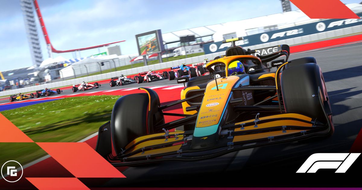 In-game image from F1 22 of the orange and light blue McLaren.