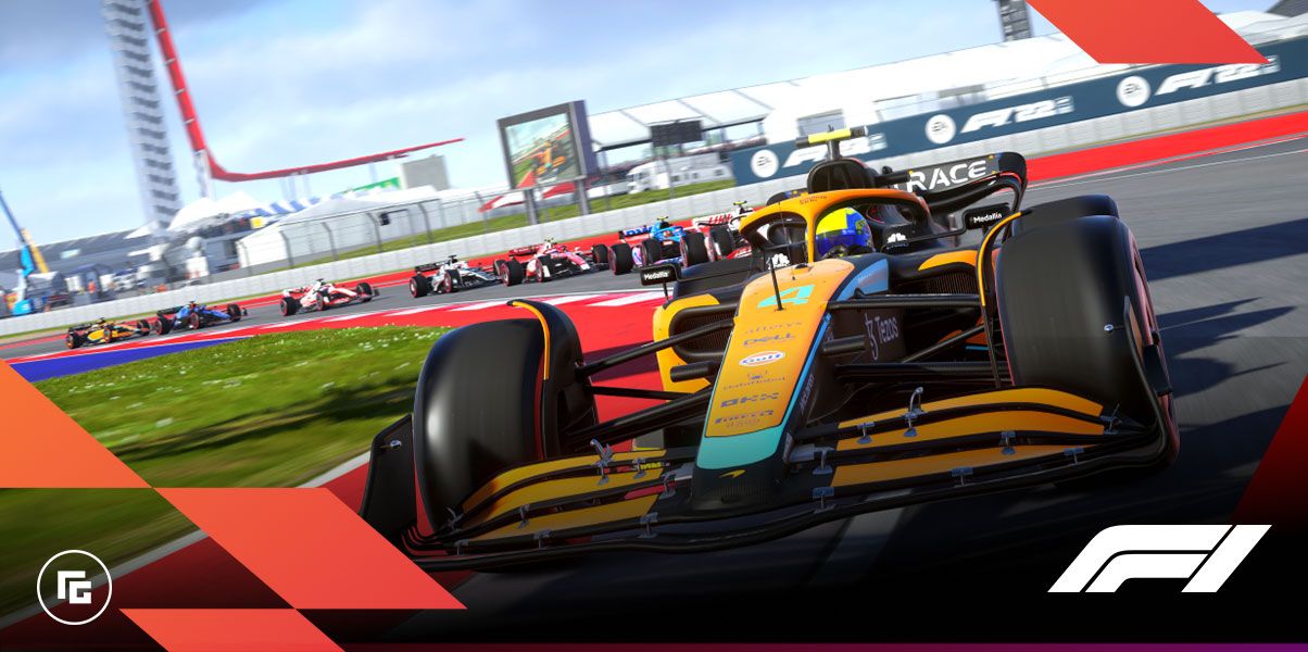 In-game image from F1 22 of the orange and light blue McLaren.