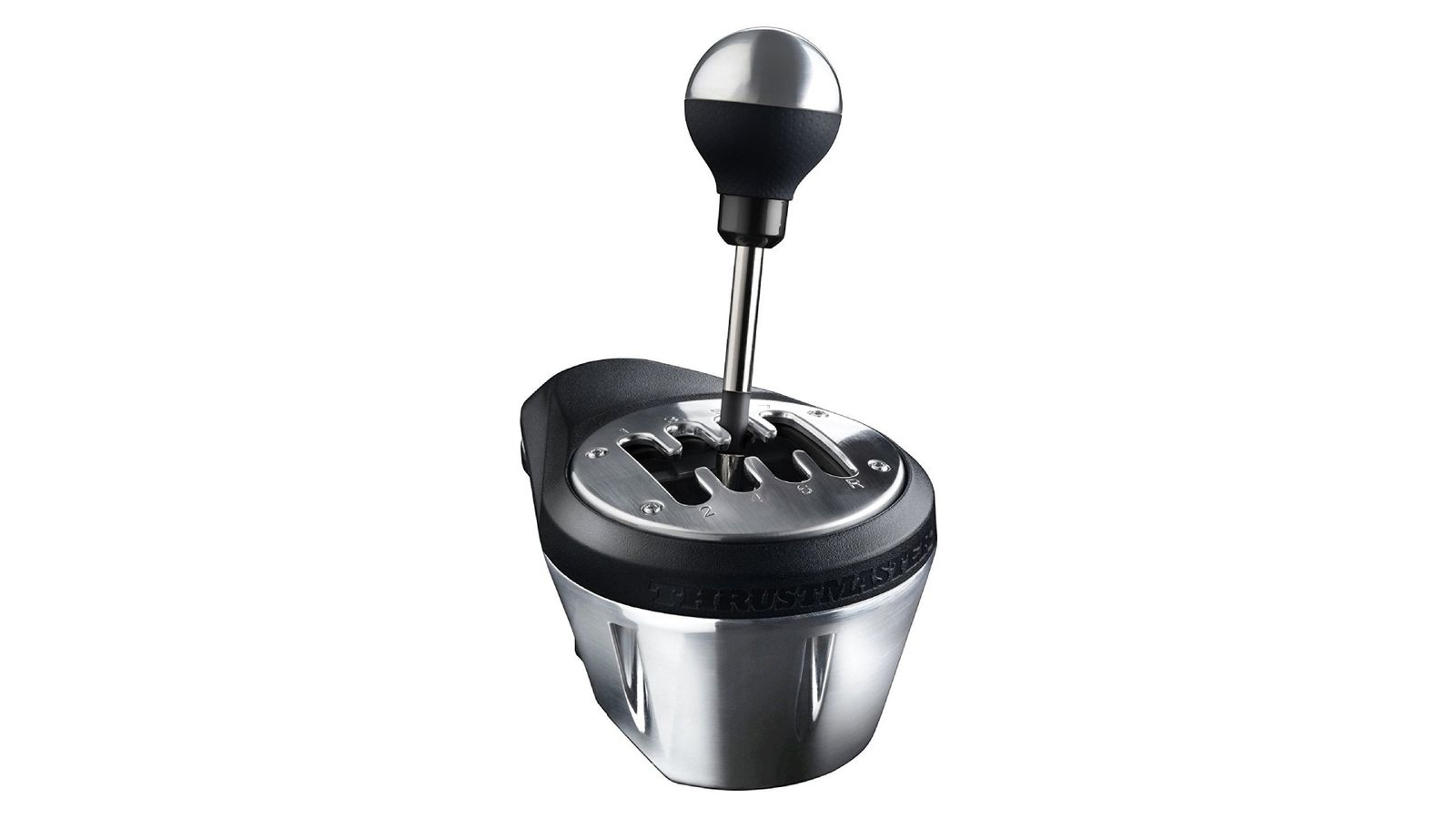 Thrustmaster TH8A product image of a H-pattern silver and black gear stick.