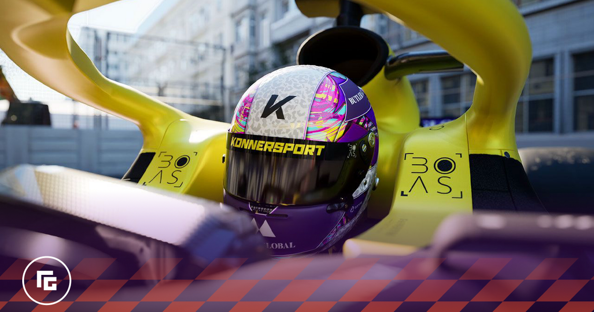 In-game image from F1 23 of someone sitting in a yellow F1 car wearing a purple and white helmet.