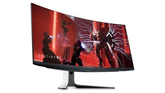 Best monitor for F1 23 - AW3423DW QD-OLED product image of a dark grey and white monitor with Destiny 2 gameplay on the display.