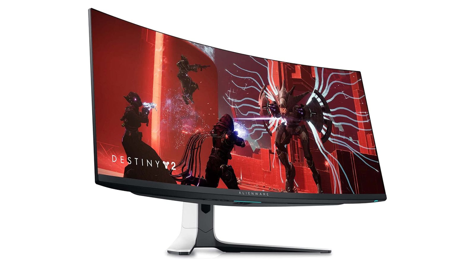 Alienware AW3423DW QD-OLED product image of a dark grey and white monitor with Destiny 2 gameplay on the display.