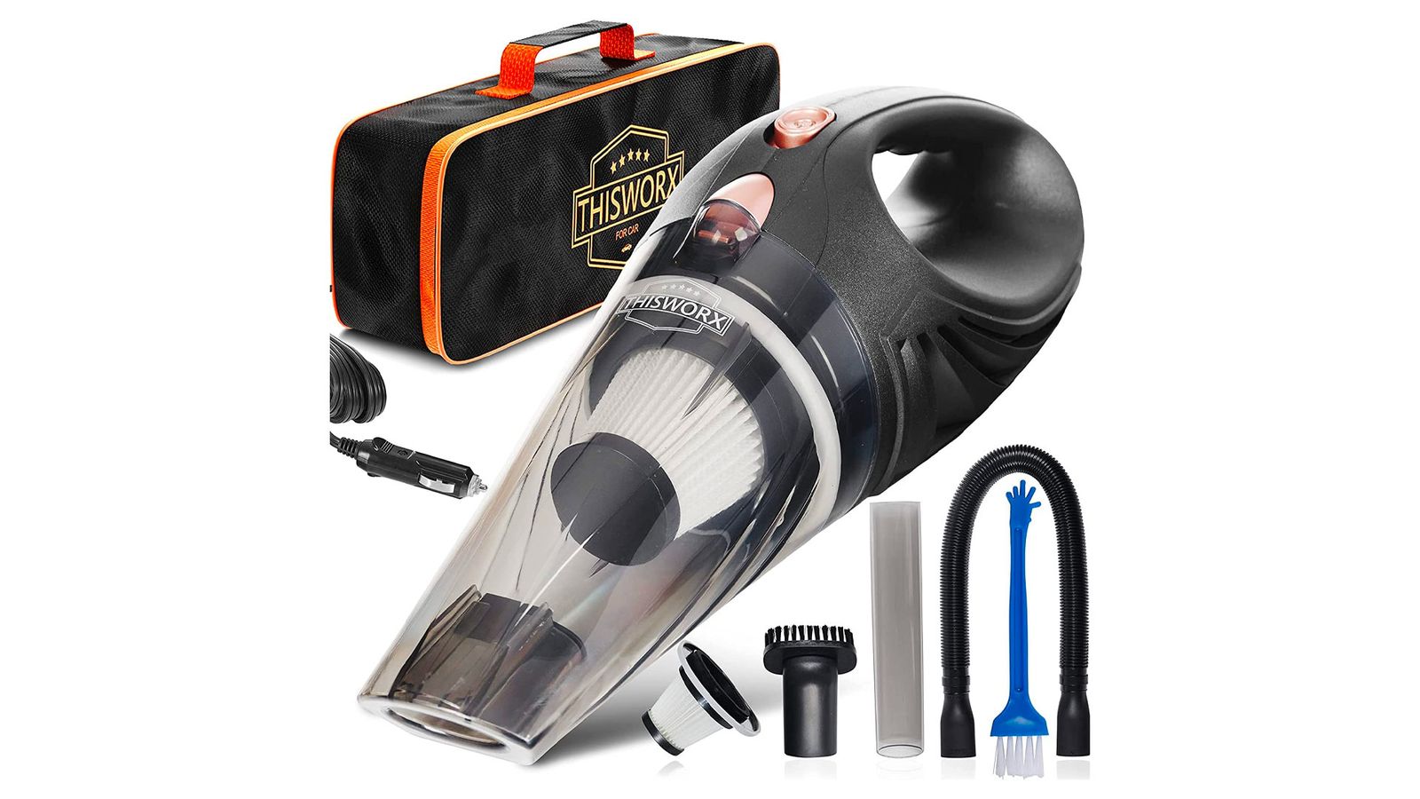 ThisWorx Car Vacuum Cleaner product image of a black handheld device with a clear front and a black and orange carry bag.