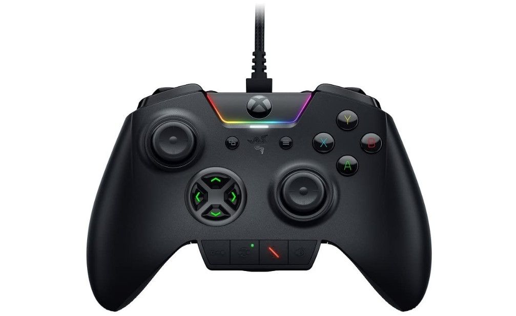 Razer Wolverine Ultimate product image of a black Xbox controller featuring RGB lighting.