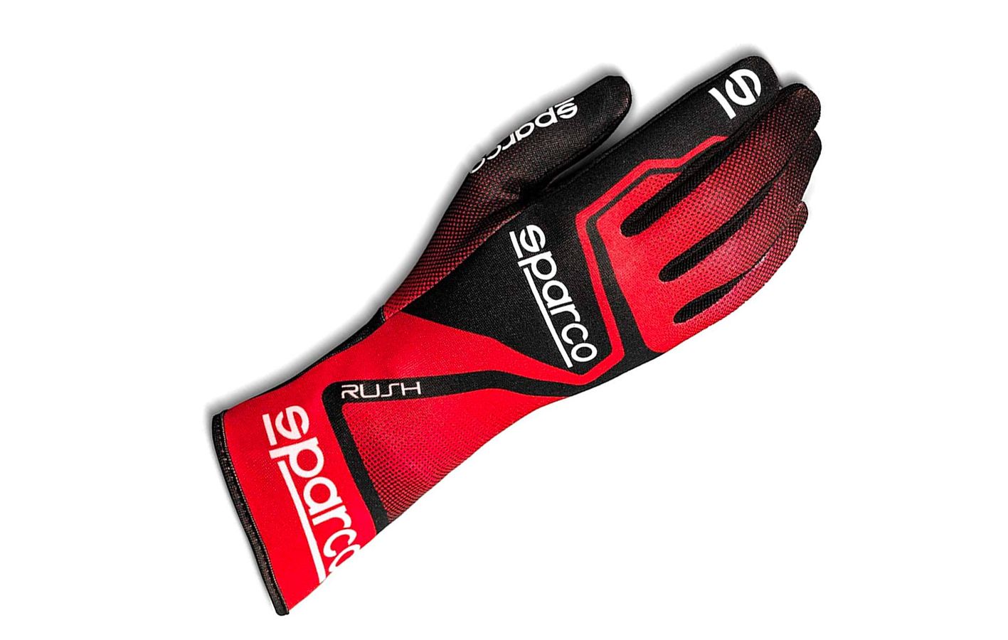 Sparco Rush product image of a red and black glove featuring white branding.