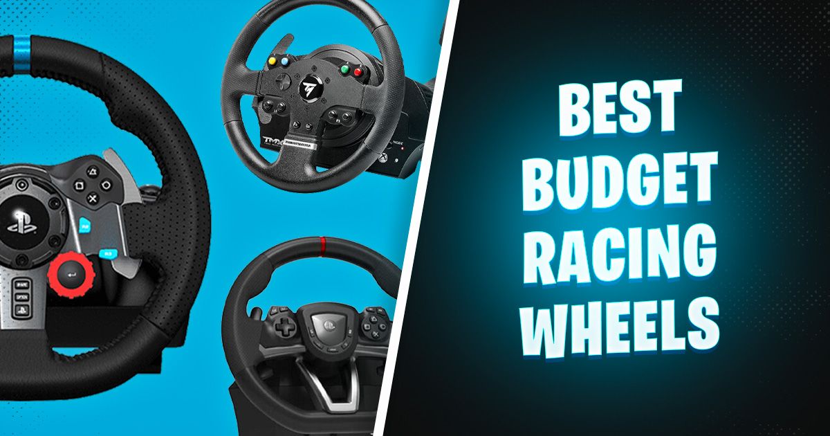Three back racing wheels in front of a blue background on one side of a diagonal white line. On the other, a "best budget racing wheel" logo.