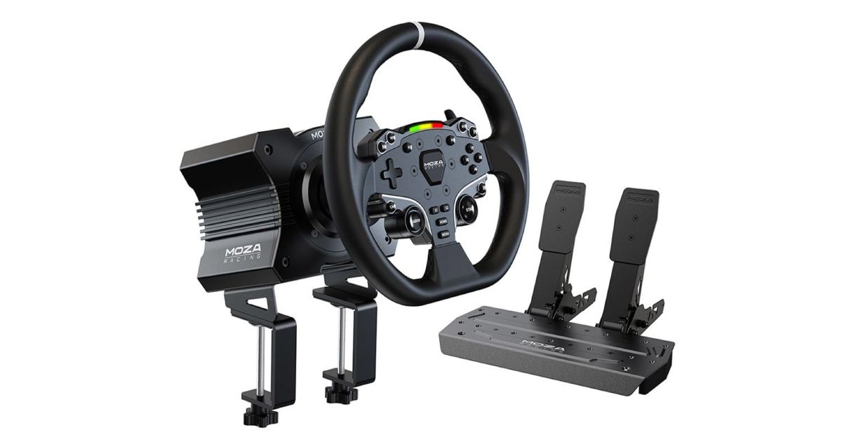 MOZA R5 3PCS Wheel Bundle product image of a black racing wheel connected to a black wheel base and a two-pedal set.