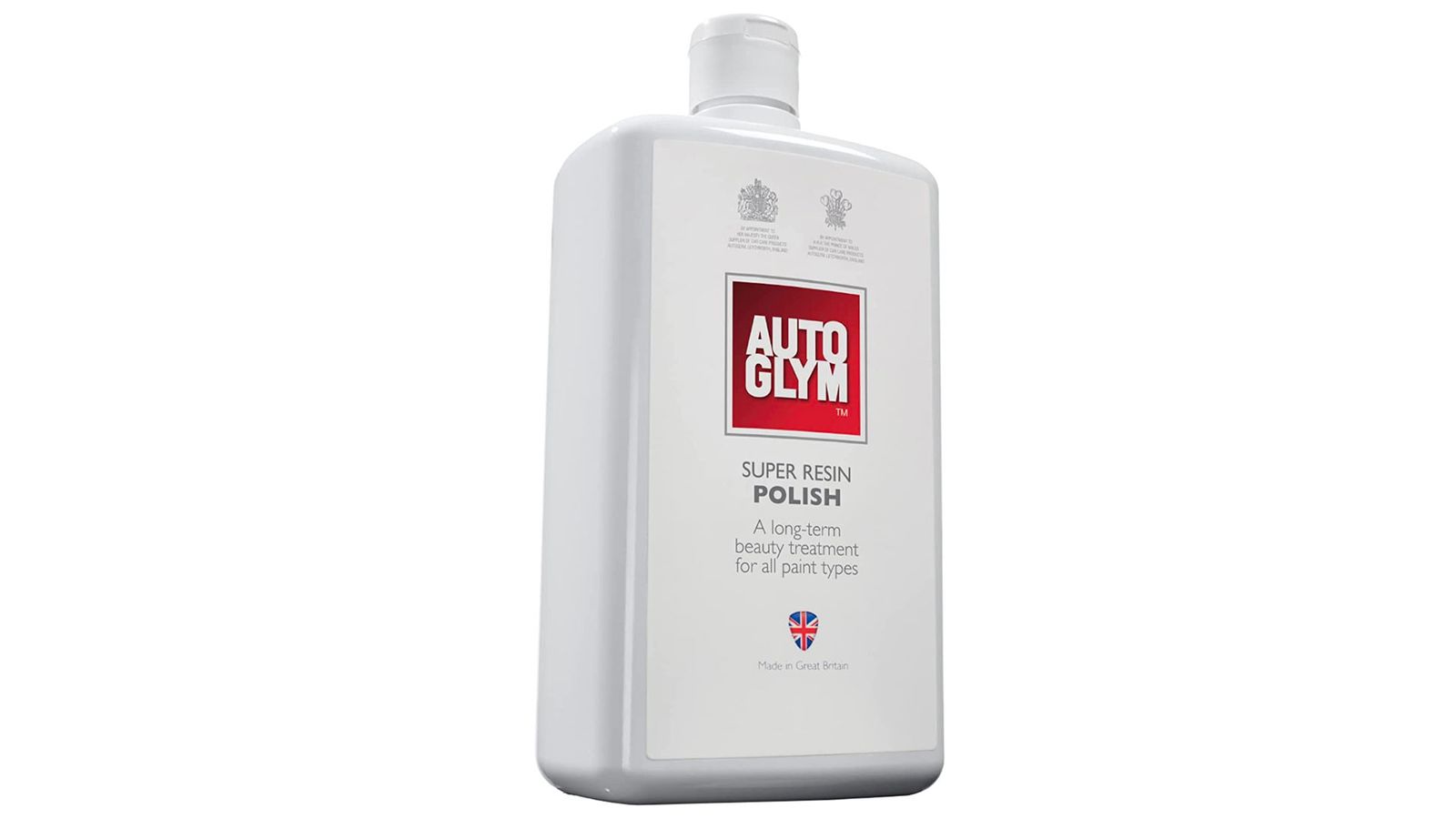Autoglym Super Resin Polish product image of a white squared-off bottle with a red label.