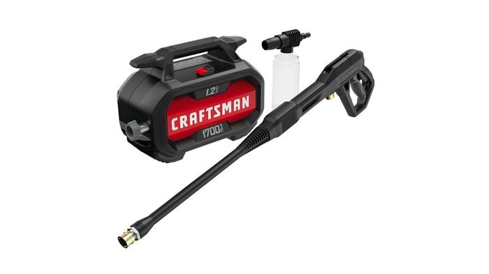 Best car pressure washer Craftsman CMEPW1700 product image of a compact black and red machine with a black hose and white bottle.