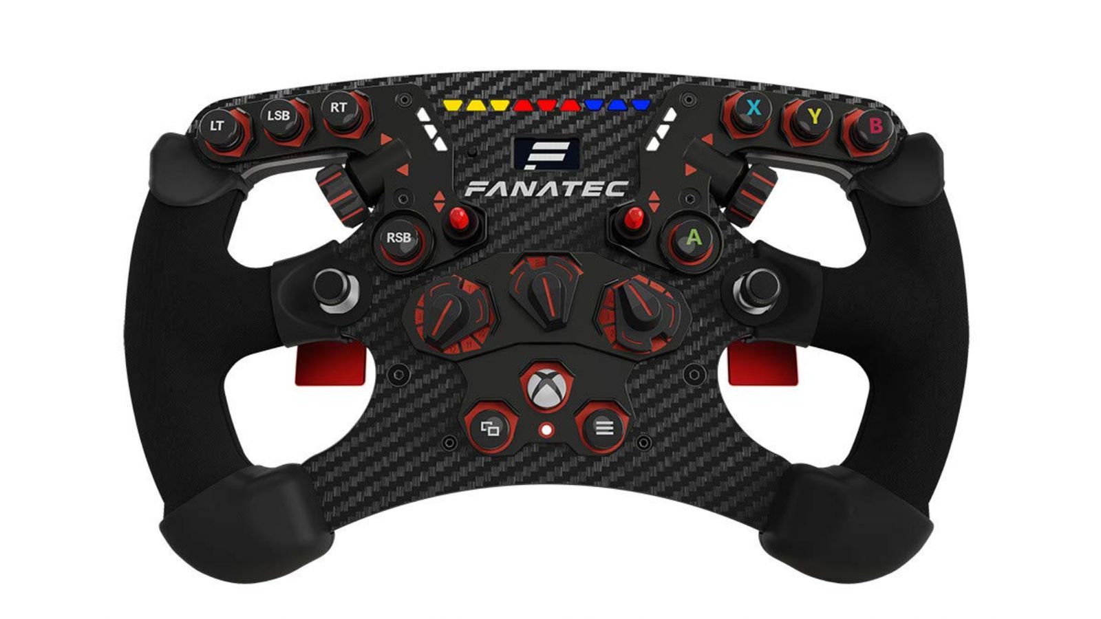 Fanatec ClubSport Steering Wheel Formula V2.5 X product image of a black Formula-style racing wheel with orange buttons.