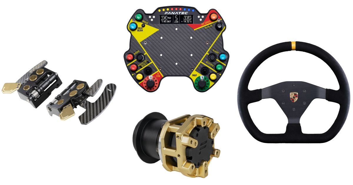 Four components of the Fanatec Porsche 911 wheel bundle next to each other, with the wheel in black suede, the Podium module in multiple colors, and the paddle and central Podium hub in black and gold.
