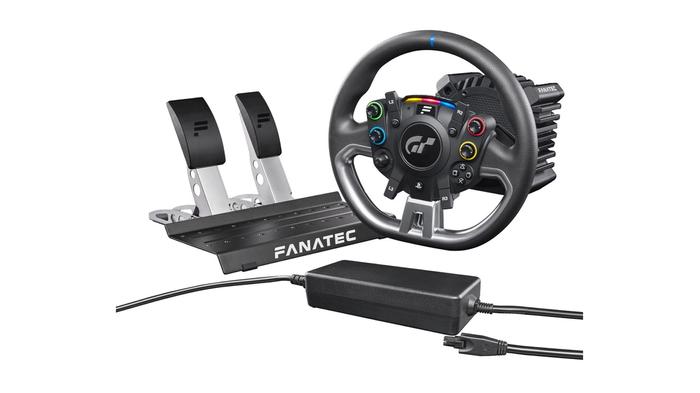 Best racing wheel - Fanatec Gran Turismo DD Pro product image of a black wheel with multi-coloured buttons and black pedals.