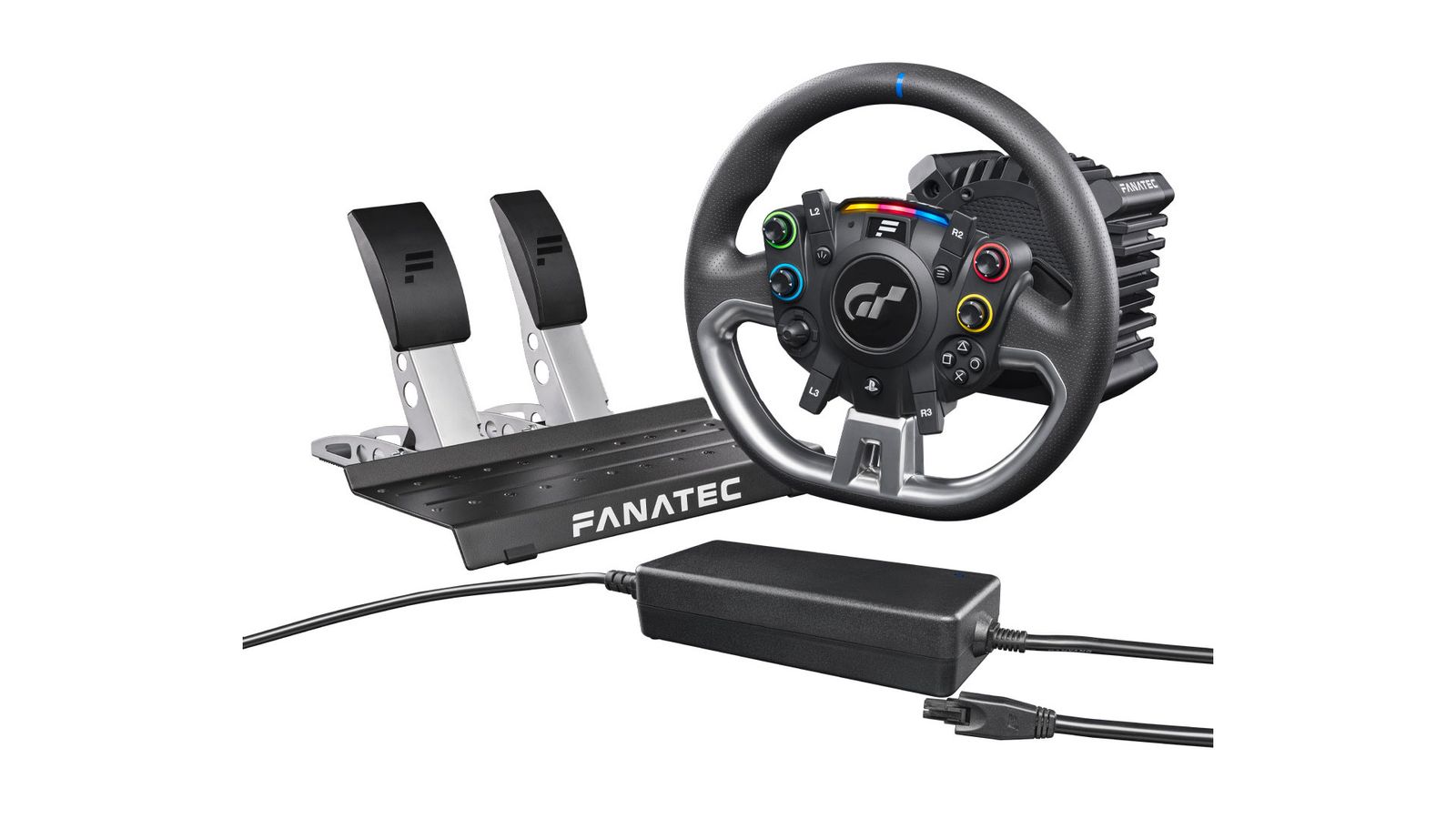 Fanatec Gran Turismo DD Pro product image of a black wheel with multi-coloured buttons and black pedals.