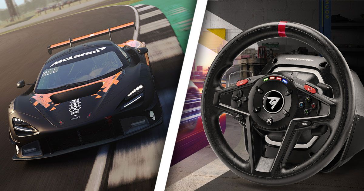 A black and orange car racing on a track from Assetto Corsa Competizione on one side of a white line. On the other, a black Thrustmaster racing wheel.