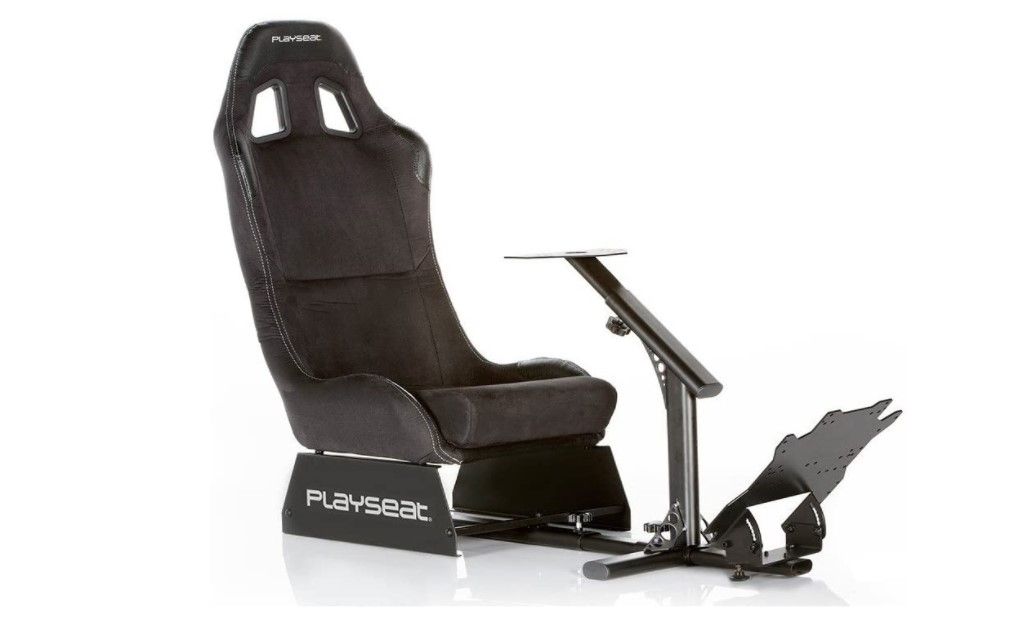 Playseat Evolution Alcantara product image of a black Alcantar chair and racing wheel stand.