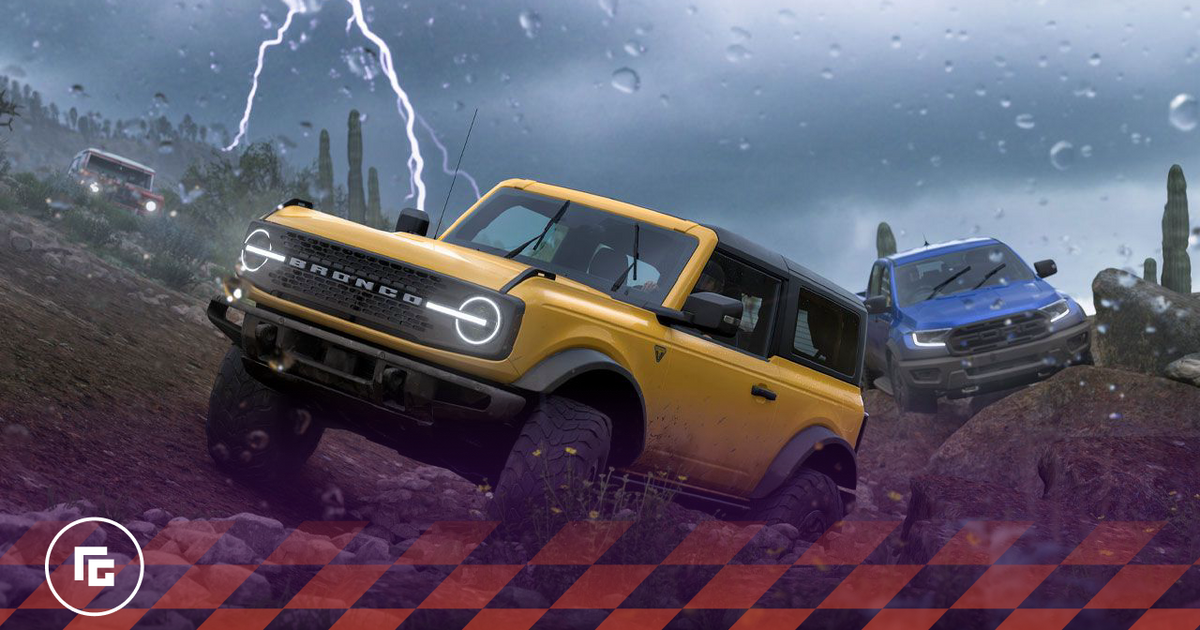 Forza Horizon 5 in-game image of a yellow Ford Bronco driving off-road in a storm ahead of a blue 4x4.