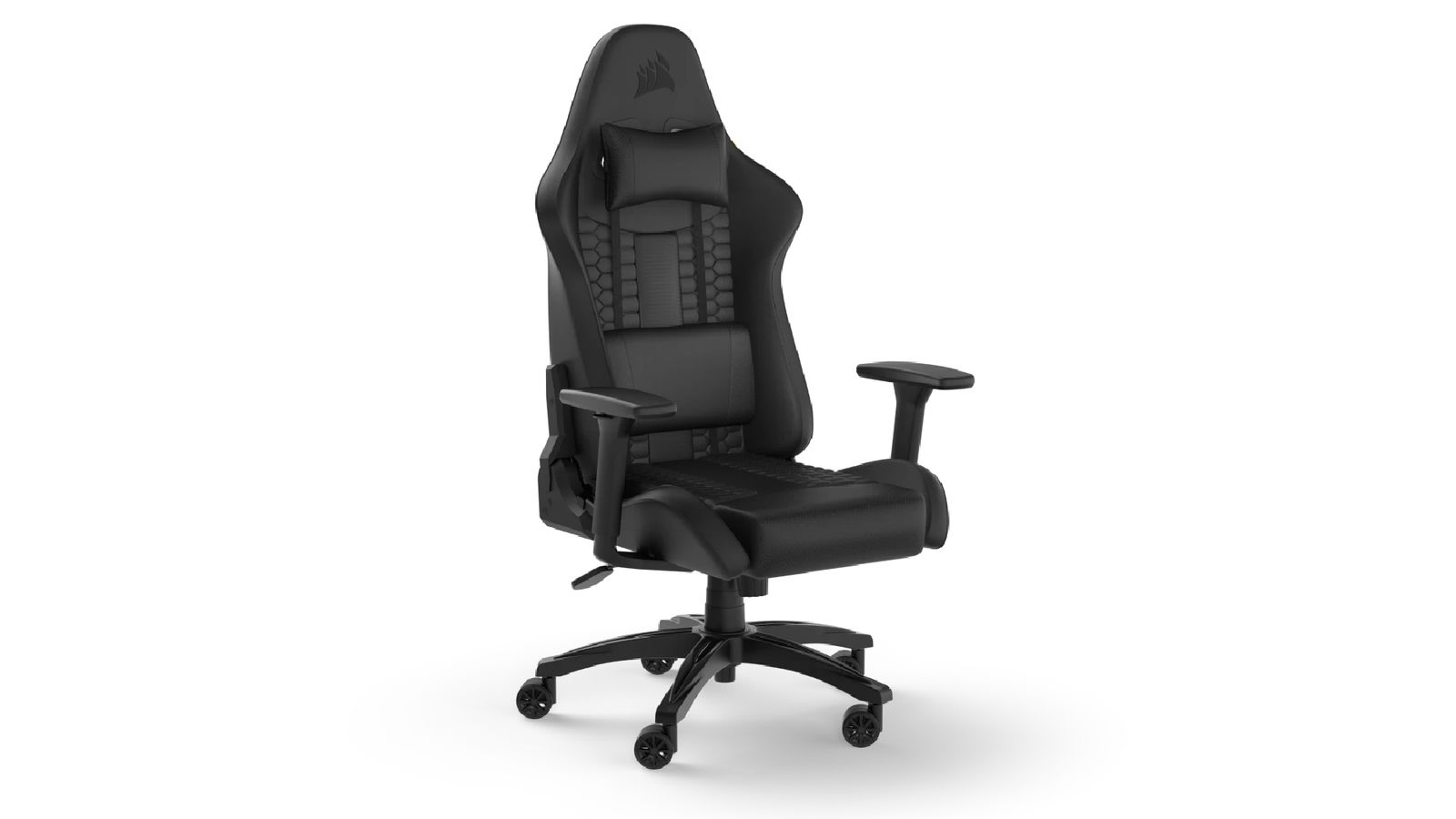 Corsair TC100 Relaxed product image of an all-black office-style gaming chair.