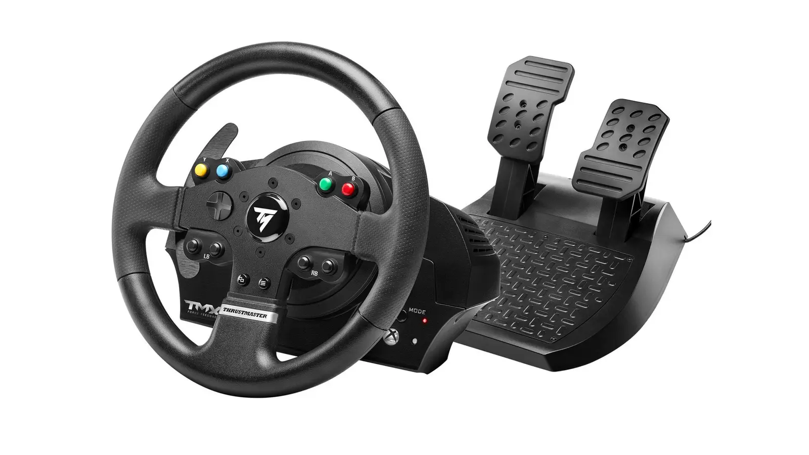 Thrustmaster TMX product image of a black wheel featuring four coloured buttons and a white Thrustmaster logo in the centre next to a set of pedals.