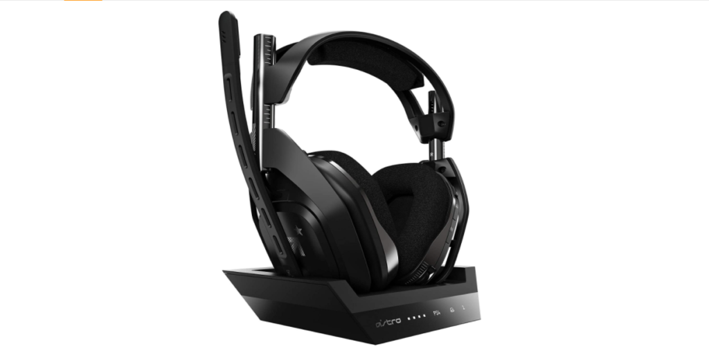 ASTRO Gaming A50 product image of a black over-ear headset with an adjustable mic sat on a black stand.