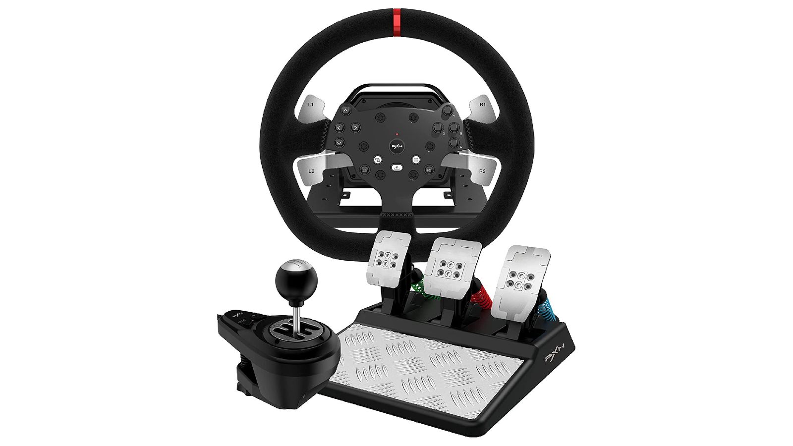 PXN V10 product image of a black wheel with a red central line next to pedals and a shifter.