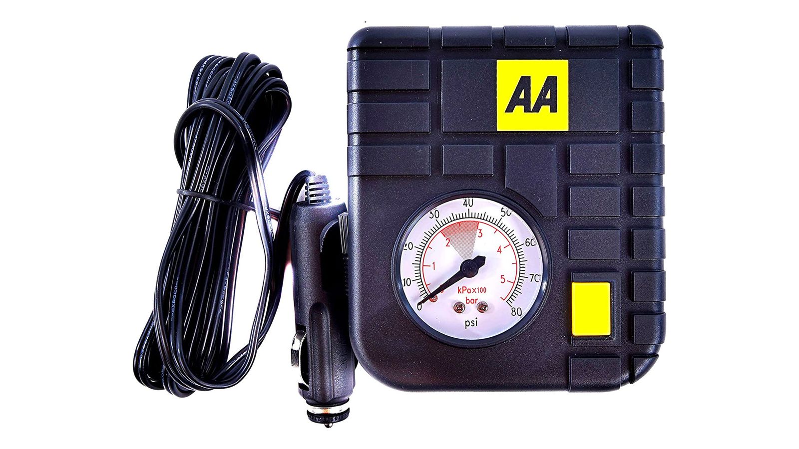 AA Car Essentials Compact Tyre Inflator AA5007 product image of a compact black and yellow machine with an analogue air pressure gauge.