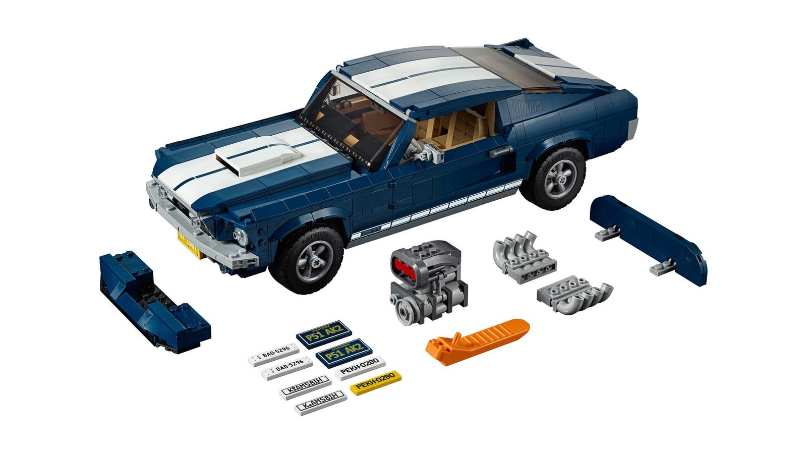 LEGO Creator Expert Ford Mustang product image of a blue Ford Mustang with white racing stripes.