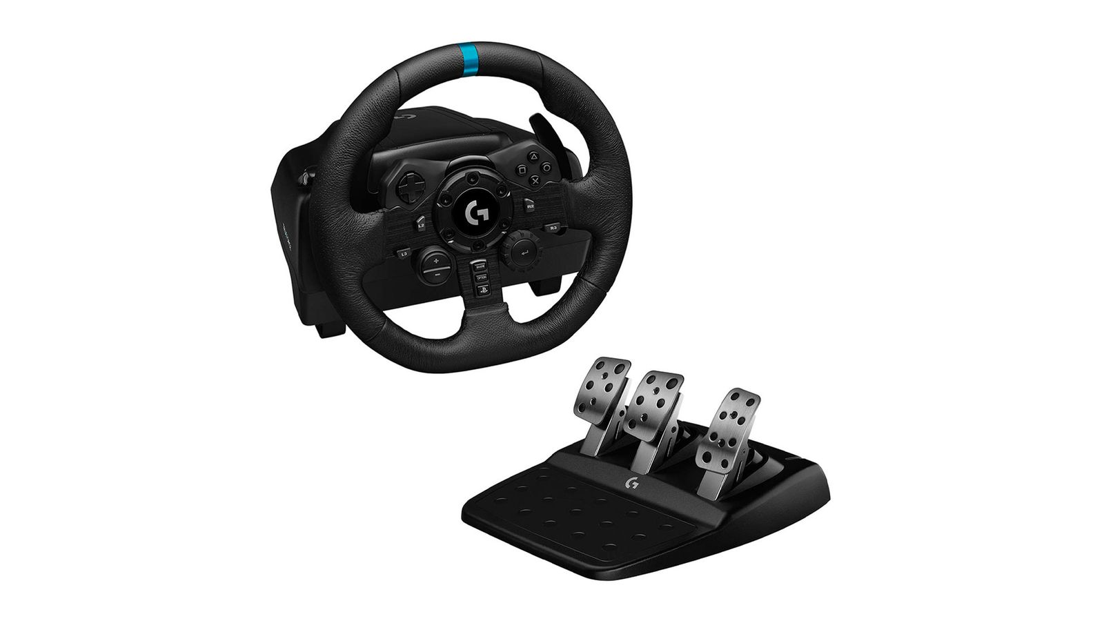 Logitech G923 Wheel and Pedal Set product image of a black sim wheel next to a set of black and silver pedals.