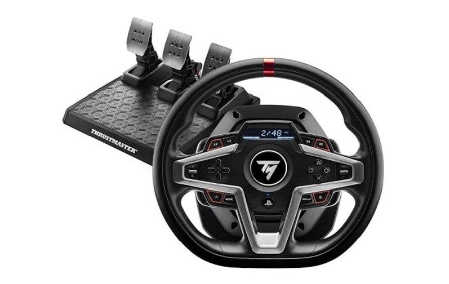 Thrustmaster T248 product image of a black wheel with pedals.