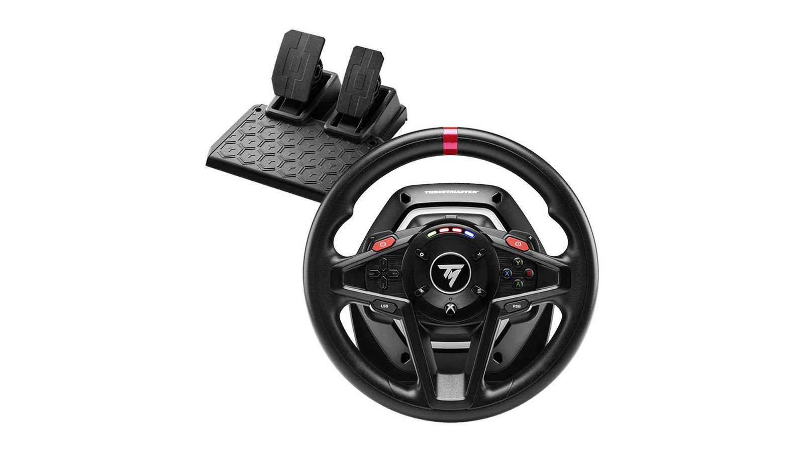 Thrustmaster T128 P / X product image of a black and red racing wheel.