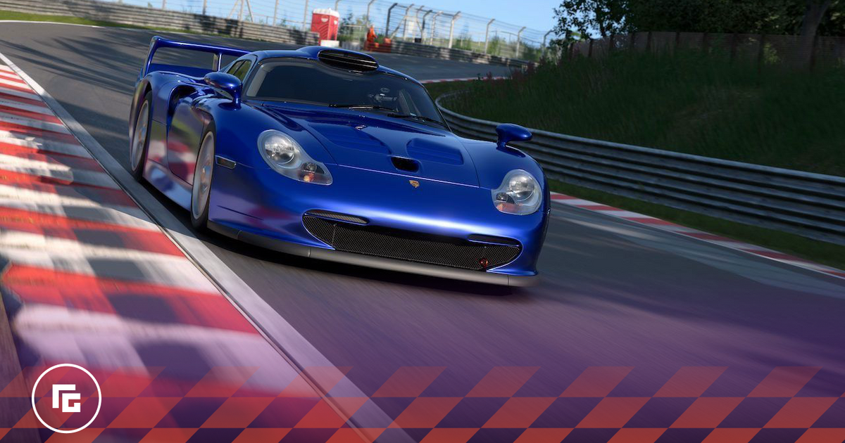 Gran Turismo 7 in-game image of a blue Porsche racing on a track.