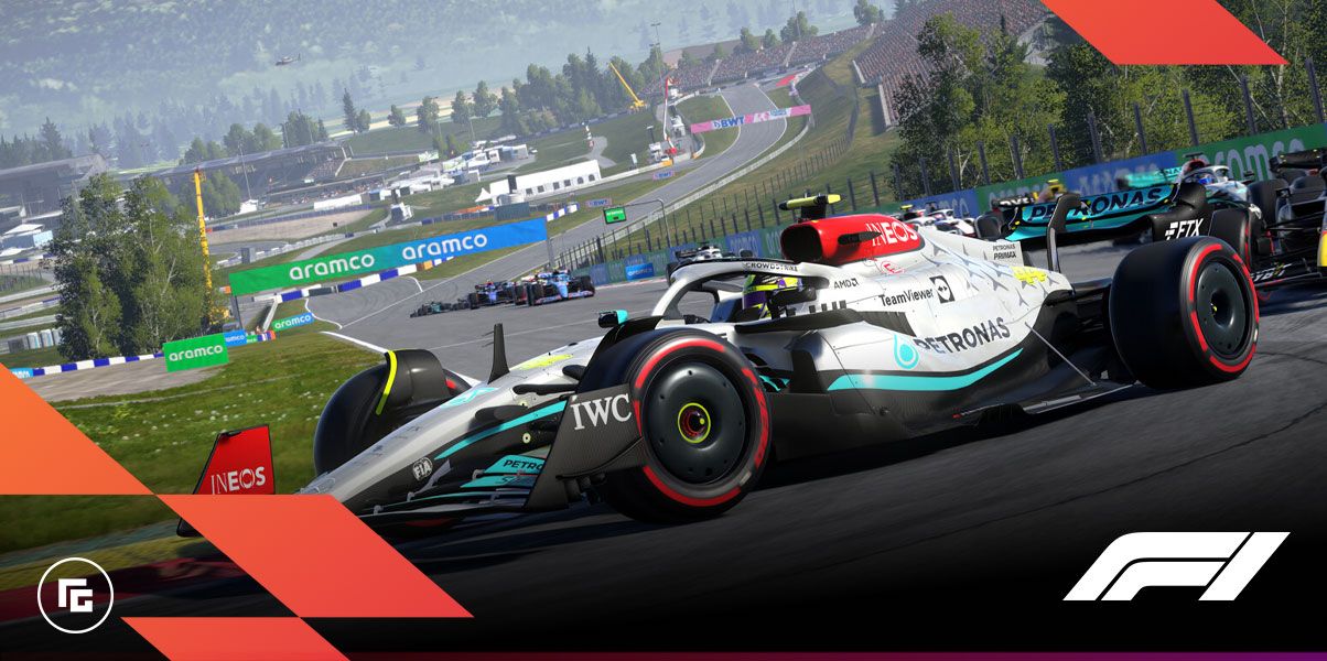 F1 22 in-game image of a silver, black, and blue Mercedes F1 car.
