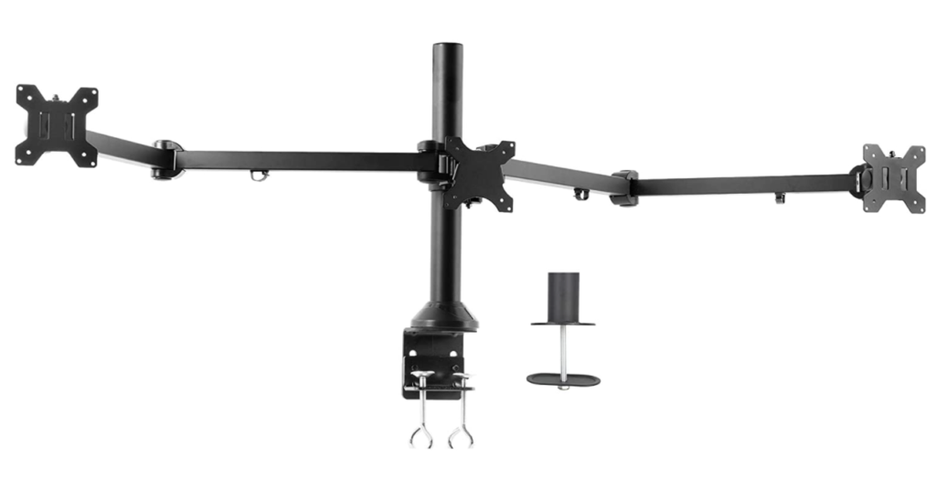 VIVO Triple Stand product image of black triple monitor arms with a desk clamp next to it.