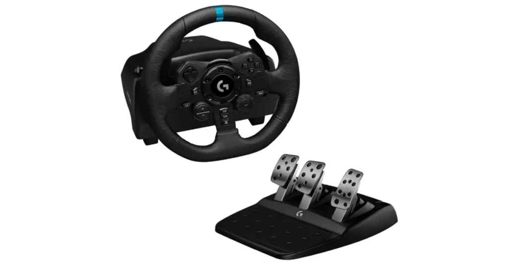Logitech G923 product image of a black racing wheel with a blue centre line next to a set of pedals.