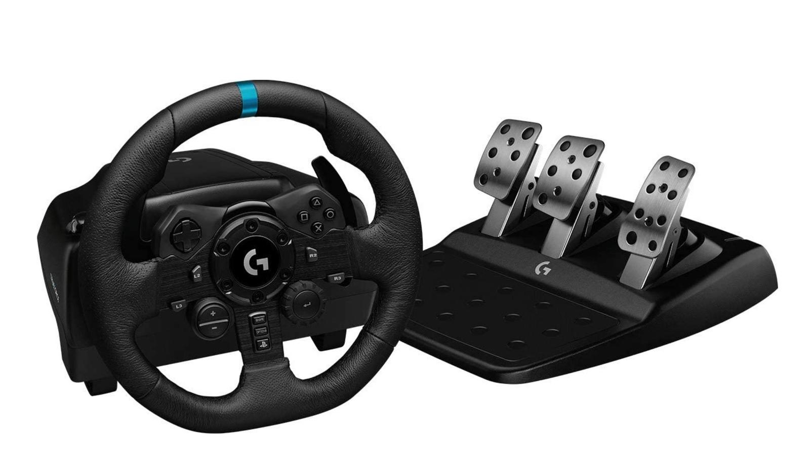 Logitech G923 product image of a black racing wheel and a black and silver metal pedal set.