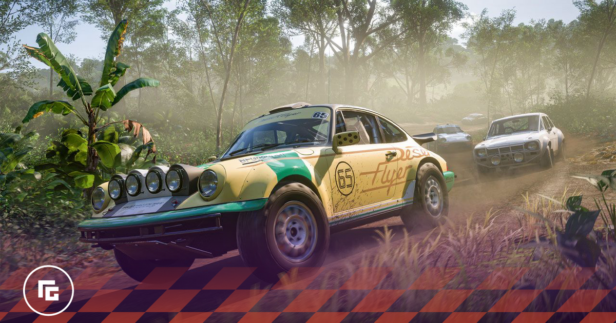 In-game image from Forza Horizon 5 of a yellow and green rally car ahead of a white car in an off-road race.