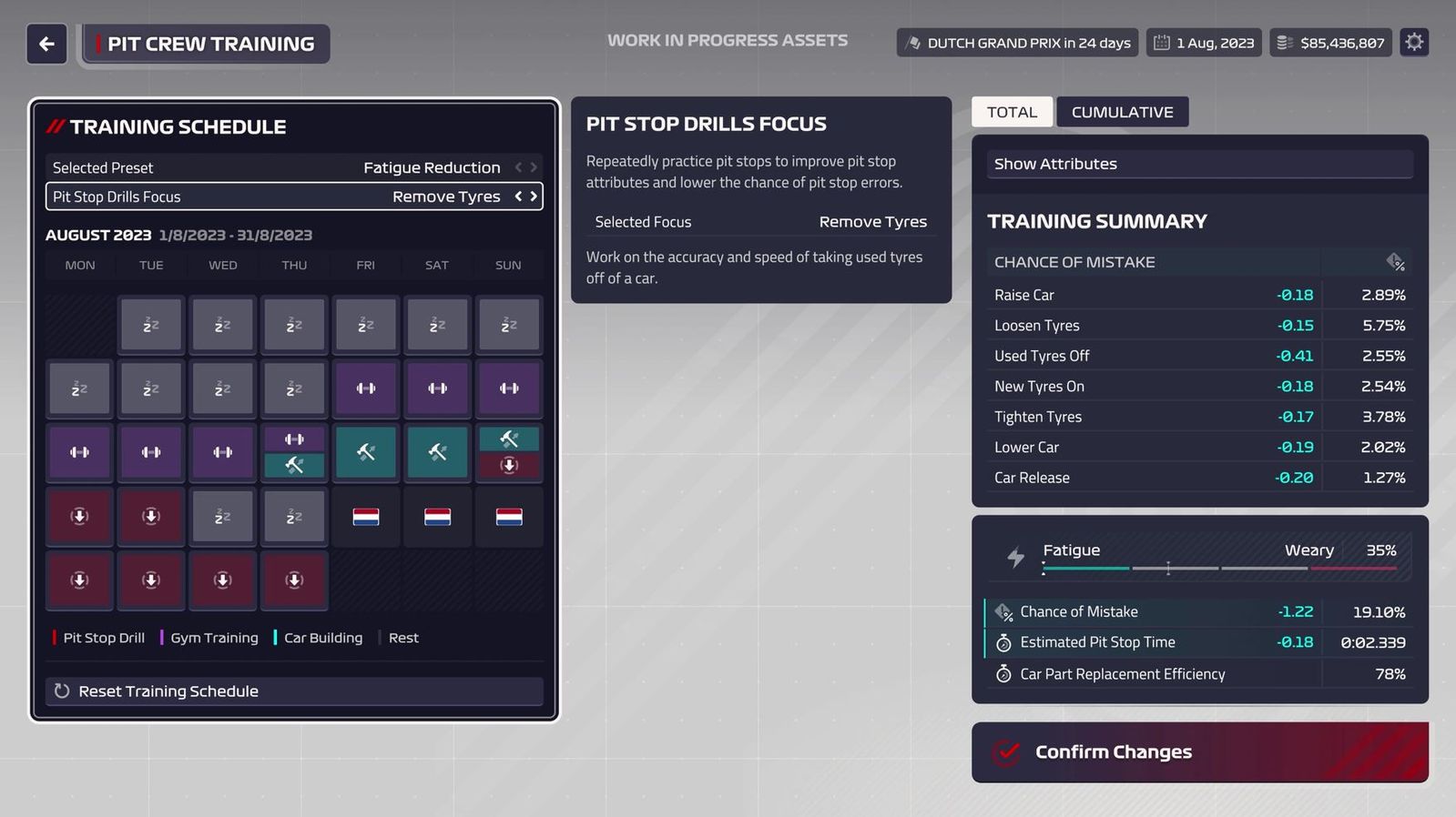 The brand new pit crew training management screen in F1 Manager 2023