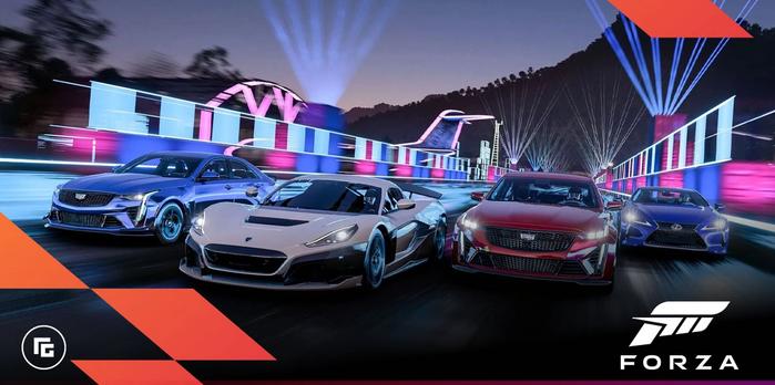 In-game image from Forza Horizon 5 of four cars racing side-by-side, two blue cars, one silver, and one red.