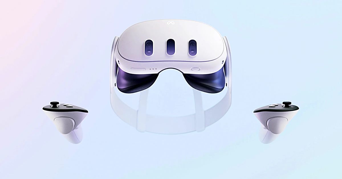 A white and black VR headset next to controllers in front of a light pink and blue gradient backdrop.