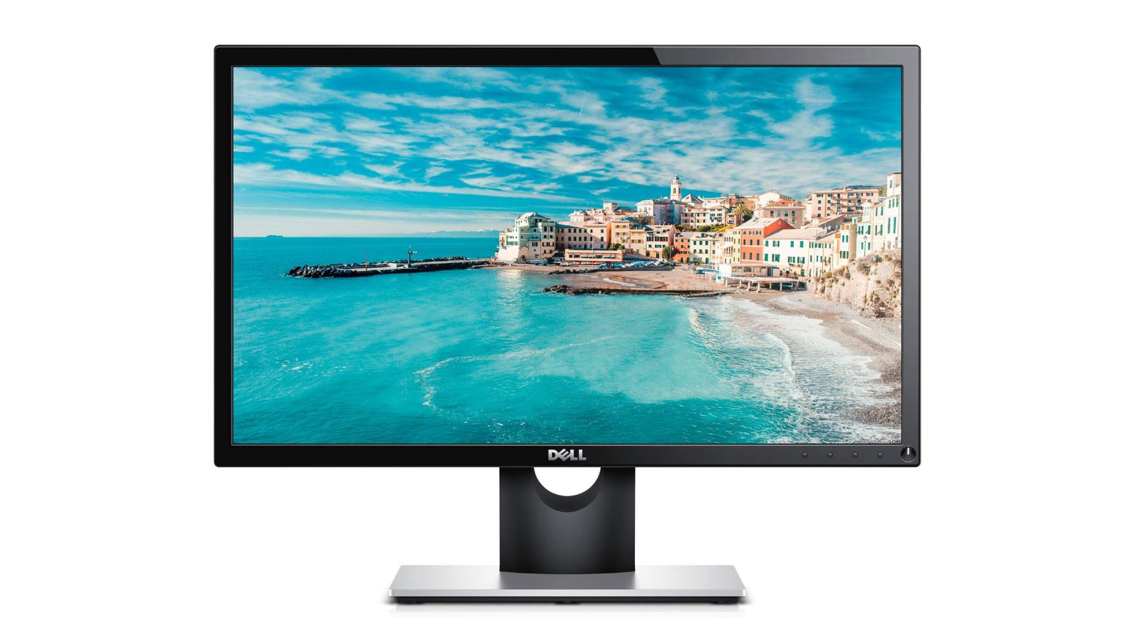 Dell SE2216H product image of a black and grey monitor with a beachside town on the display.