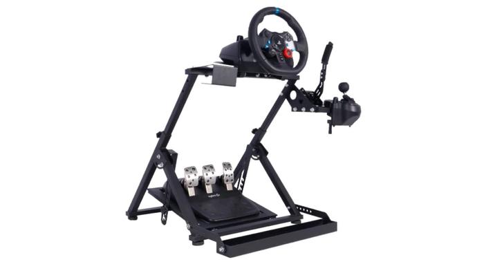 Best racing wheel stand for F1 22 Marada product image of a black metal platform with wheel, pedal, and gear shifter attached.