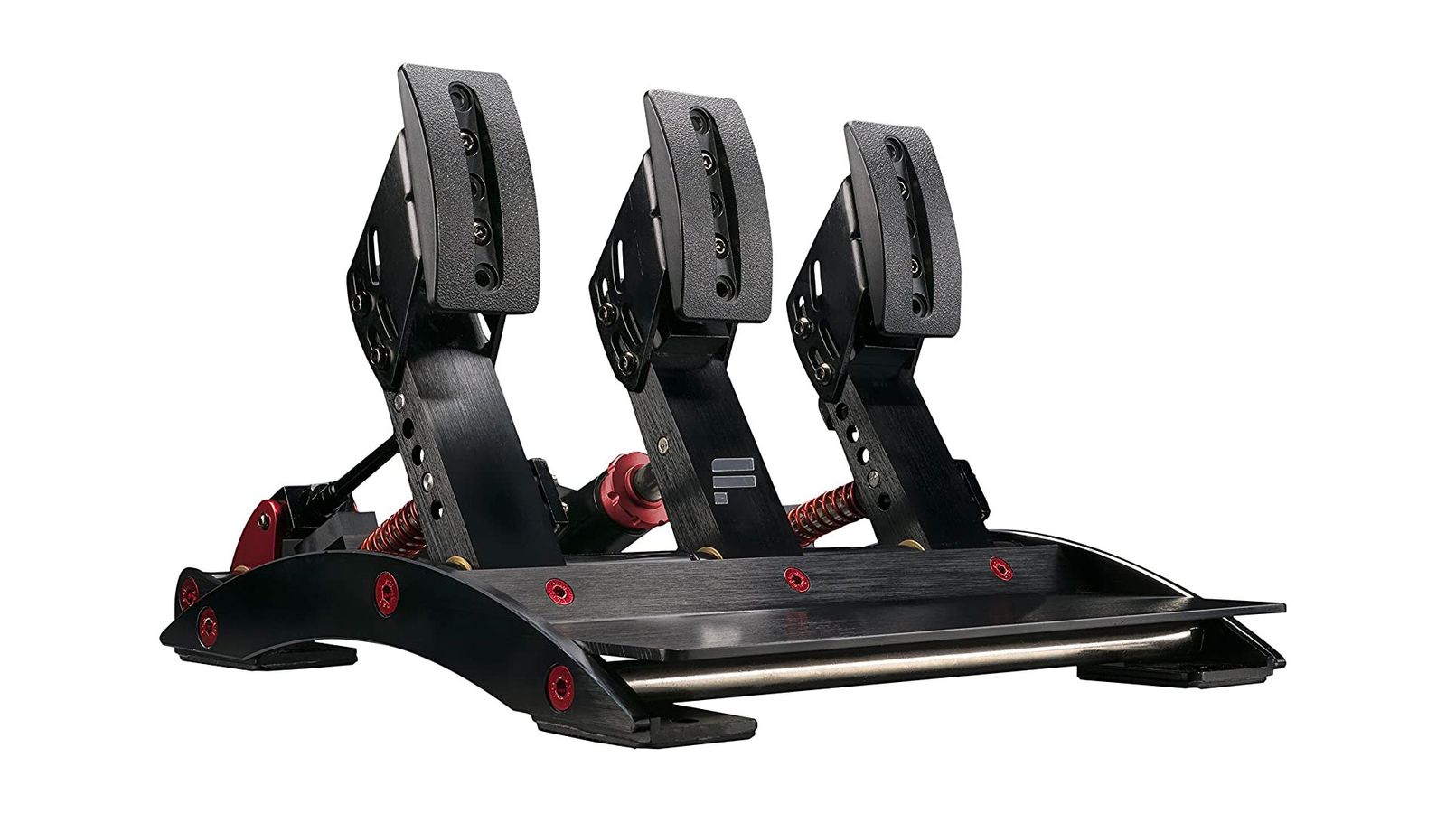 Fanatec ClubSport Pedals v3 product image of a black and red set of three pedals.
