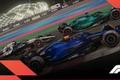 In-game F1 23 image of the blue Williams car racing next to the navy and white Alpha Tauri and dark green Aston Martin.
