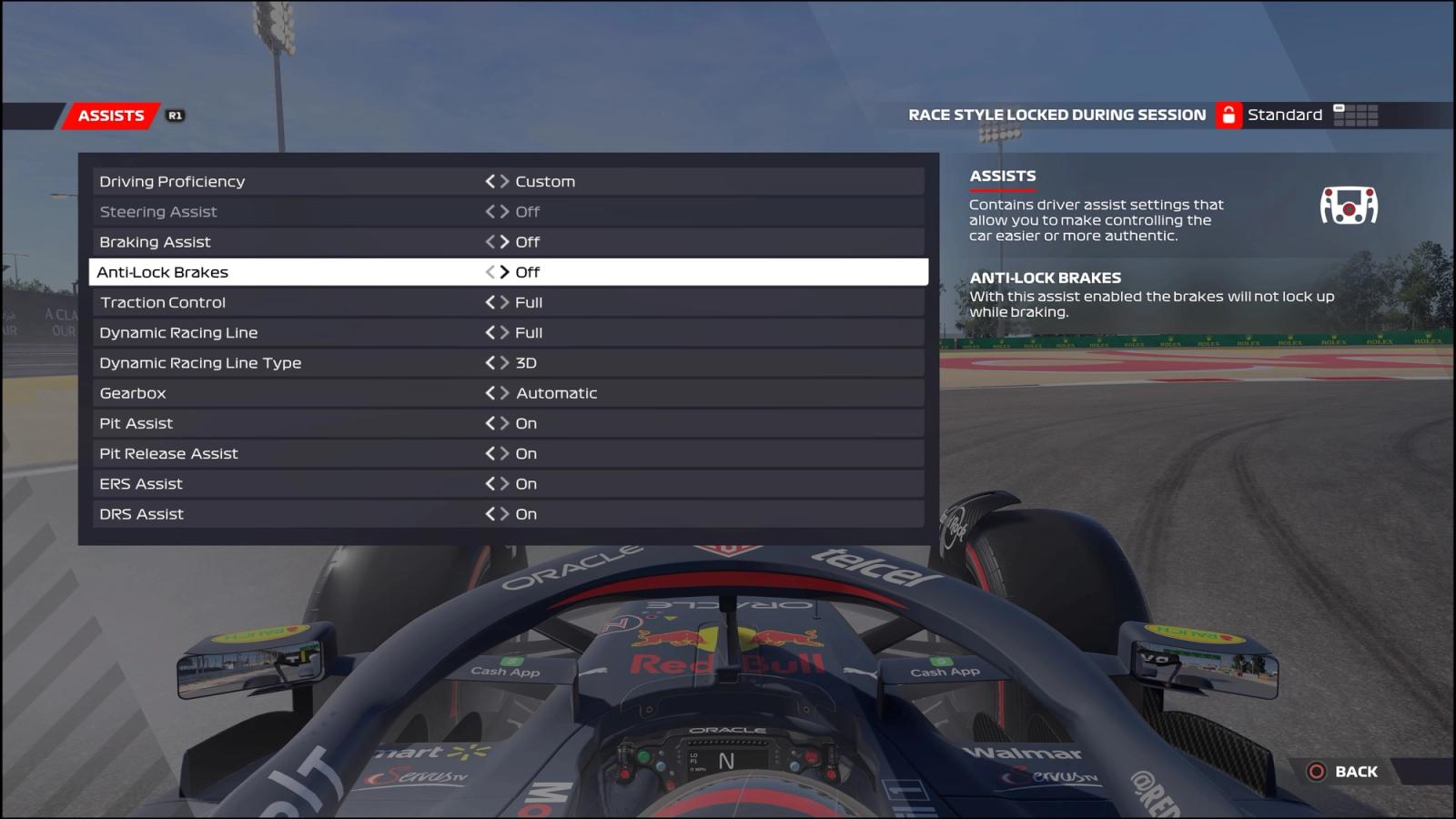F1 22 braking settings menu ABS