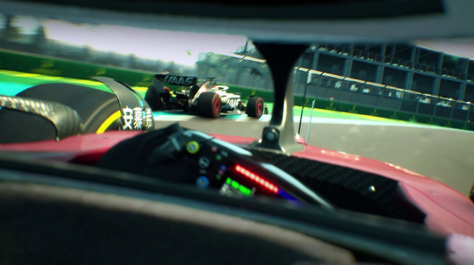 A driver's eye view from the Alfa Romeo out to a Haas they are racing against in F1 Manager 2023