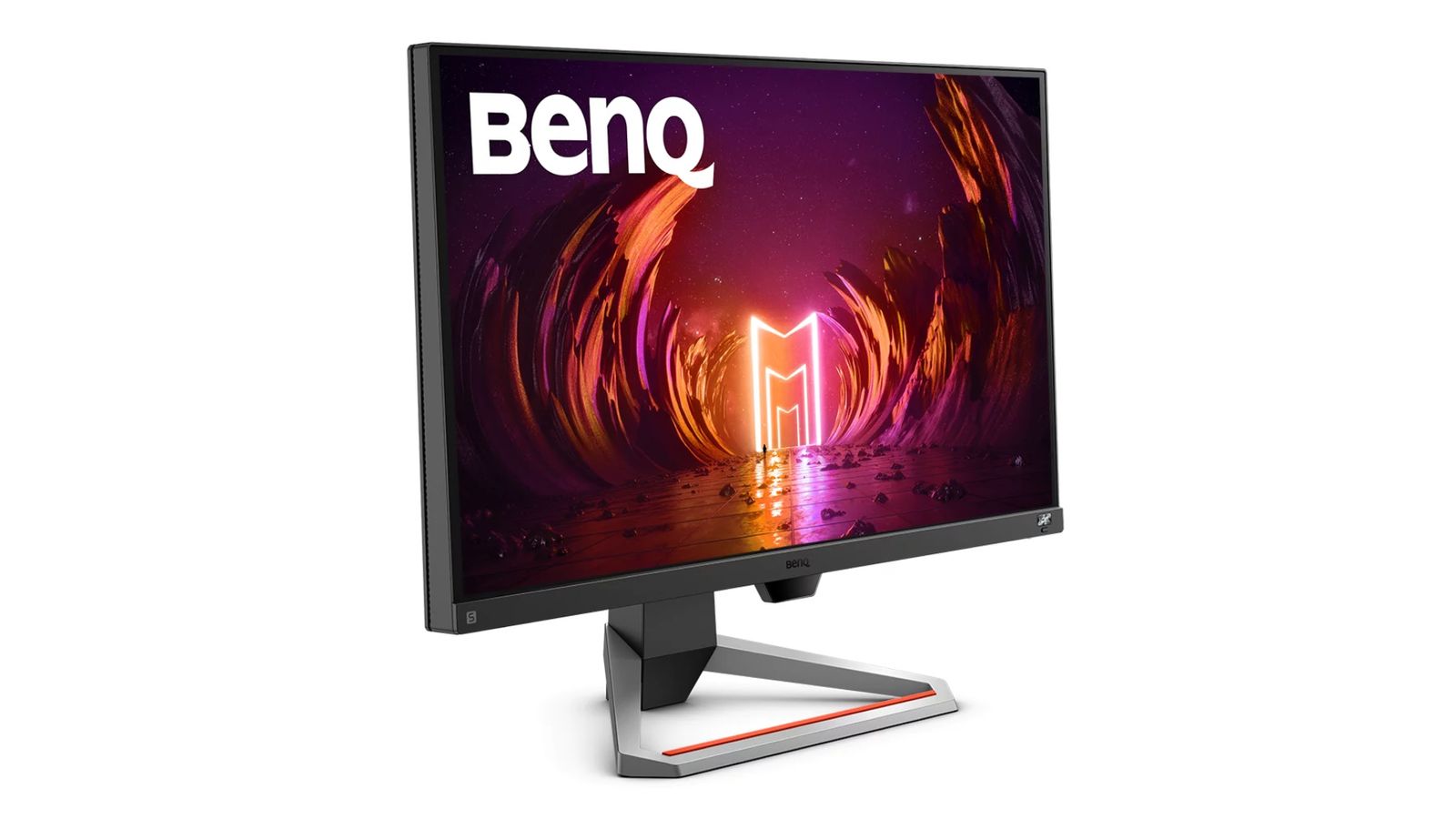 BenQ Mobiuz EX2710 product image of a grey monitor with an orange and pink lit up pathway on the display.