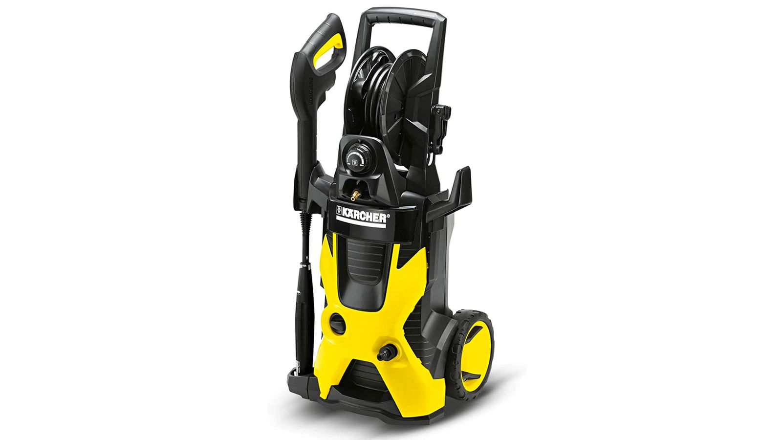 Karcher K5 Premium Pressure Washer product image of a yellow and black machine.