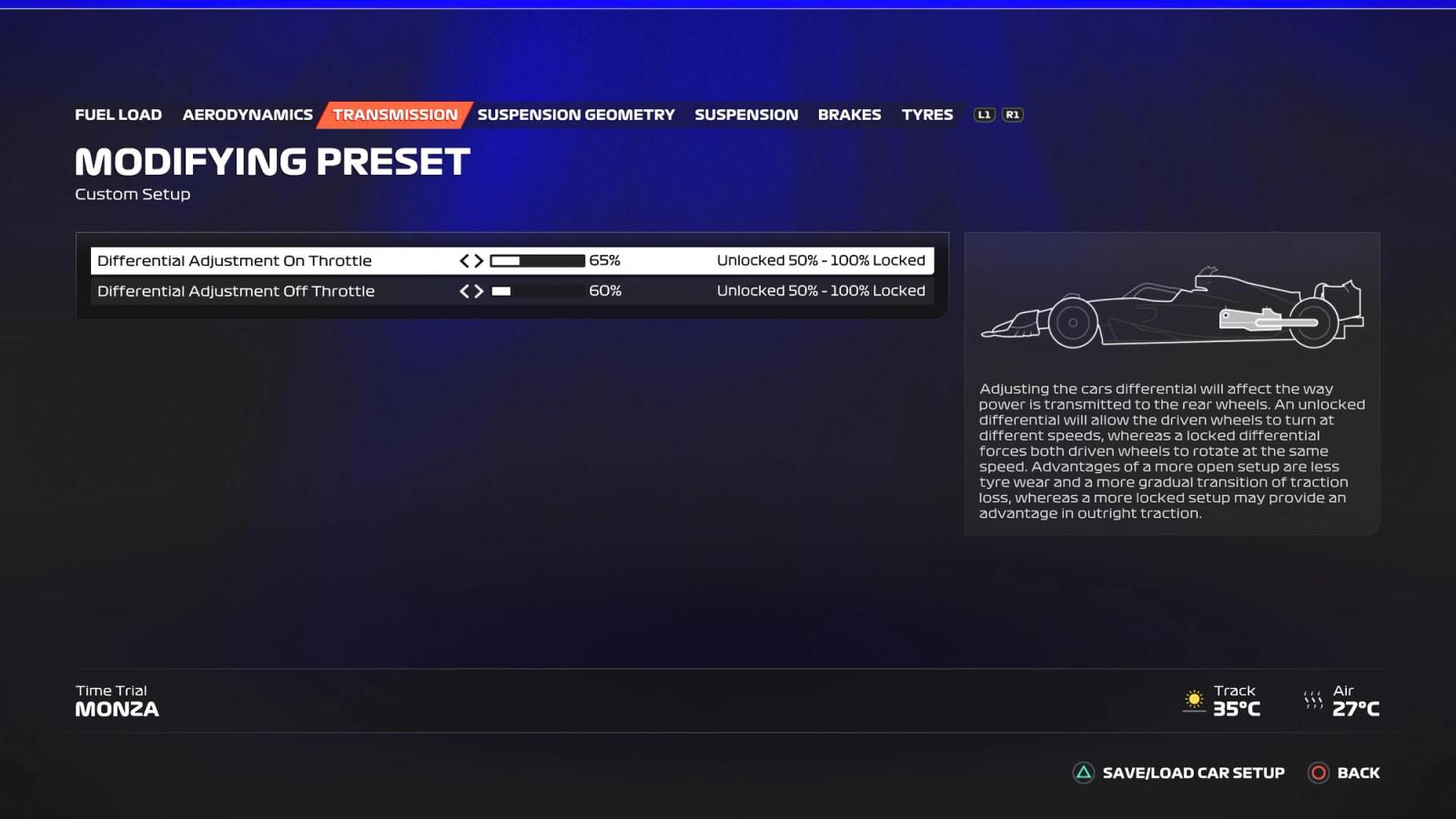 F1 23 Italy setup transmission screen showing the ideal settings