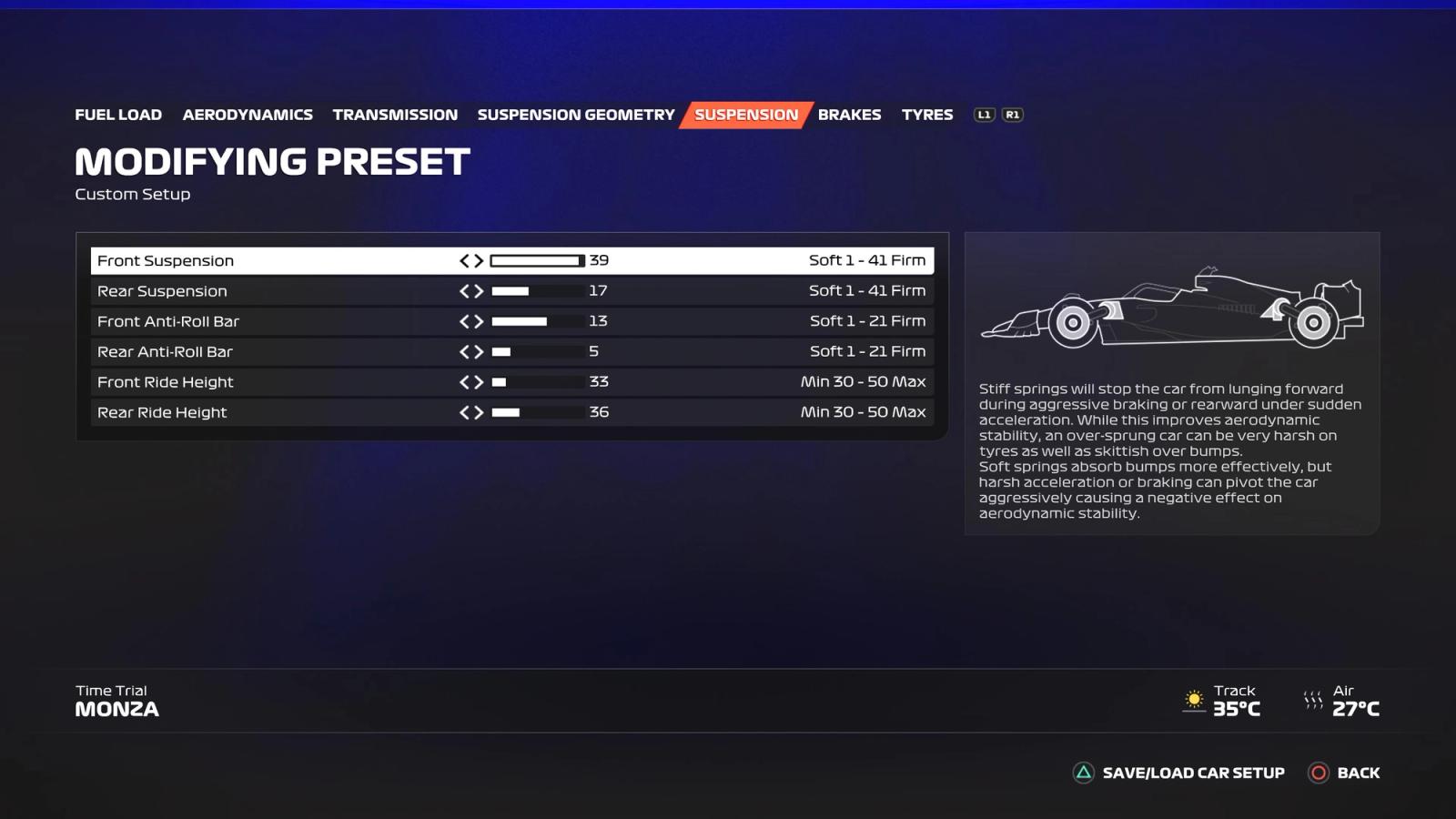 F1 23 Italy setup suspension screen showing the ideal settings